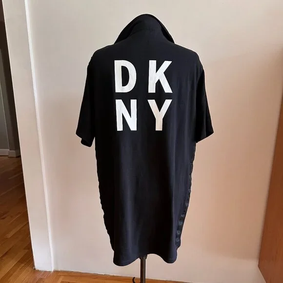 DKNY Logo 1/4-zip-front S/S cotton-mix knit dress sporty Athleisure XL comfy - Picture 2 of 13